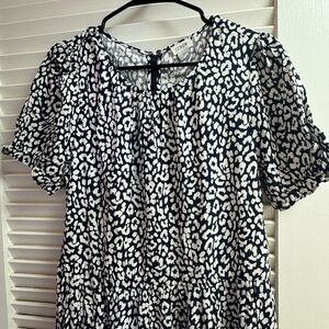 Banana Republic midi dress. Navy blue and white leopard ish pattern.